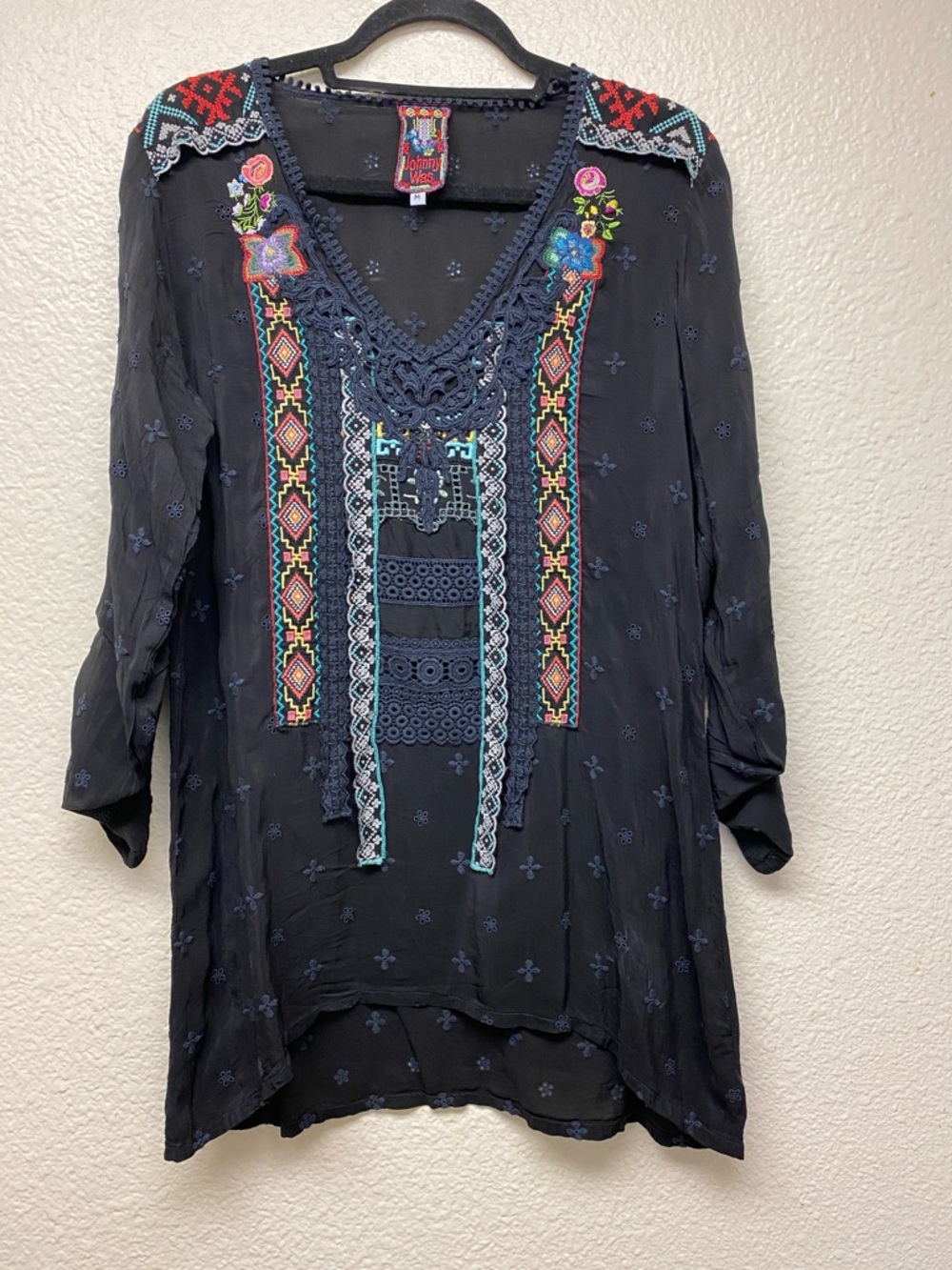 Johnny Was Embroidered V-Neck Tunic with Multicolor Floral Accents